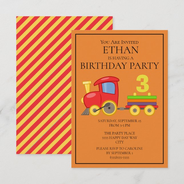 Invitación Cumpleaños infantil del tren rojo amarillo naranja (Anverso / Reverso)