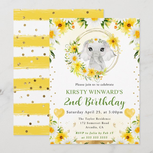 Invitación Cumpleaños infantil elefante de jungla lindo acuar (Anverso / Reverso)