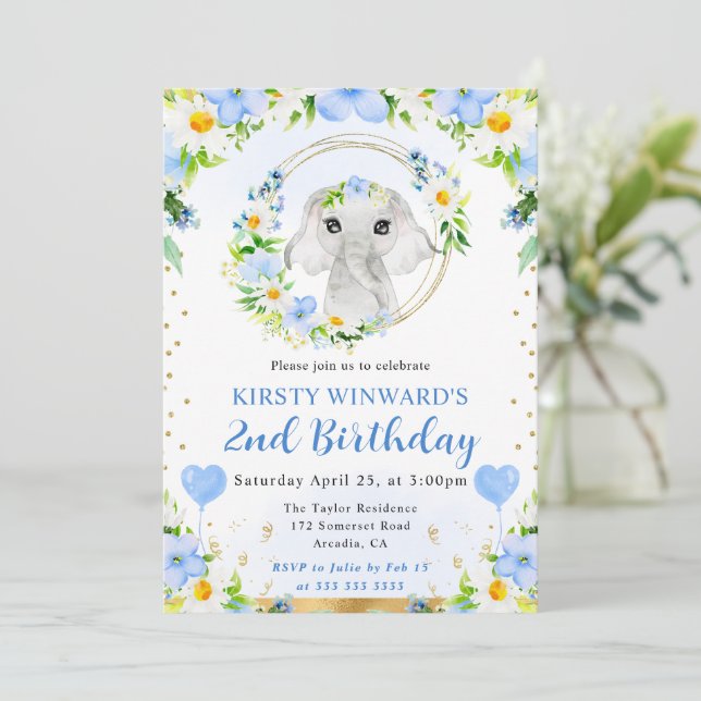Invitación Cumpleaños infantil elefante de jungla lindo acuar (Anverso de pie)