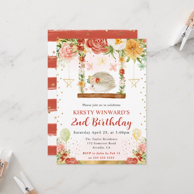 Invitación Cumpleaños infantil erizo de bosque acuarela (Anverso/Reverso In Situ)