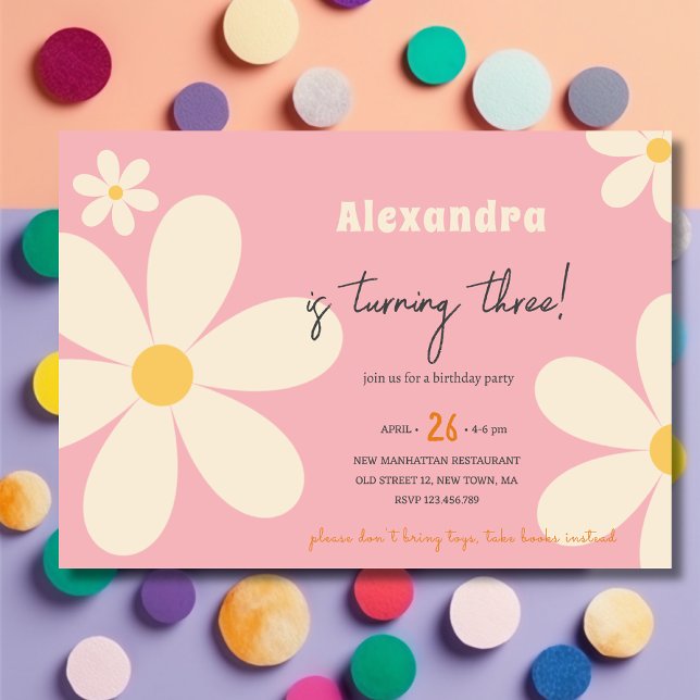 Invitación Cumpleaños infantil floral Retro Daisy (Subido por el creador)