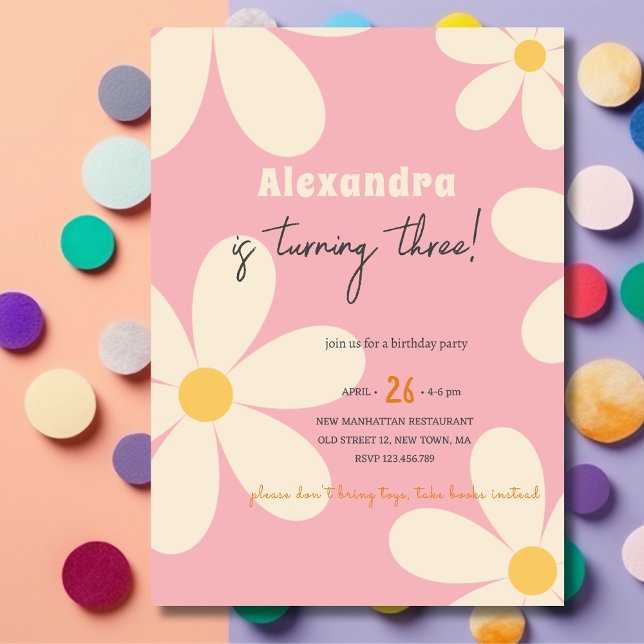 Invitación Cumpleaños infantil floral Retro Daisy (Subido por el creador)