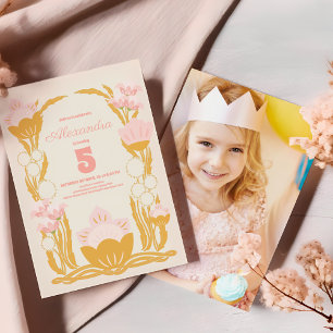 Invitación Cumpleaños infantil floral rosa dorado
