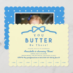 Invitación Cumpleaños infantil Foto de lazo azul Butter Be Th