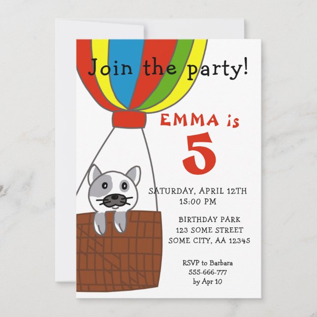 Invitación Cumpleaños infantil gato en globo aerostático (Anverso)