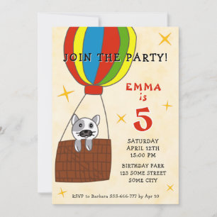 Invitación Cumpleaños infantil gato en globo aerostático