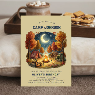 Invitación Cumpleaños infantil hoguera camping otoño acogedor