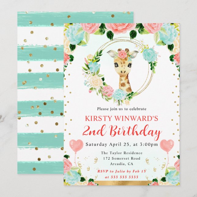 Invitación Cumpleaños infantil jirafa de jungla linda acuarel (Anverso / Reverso)