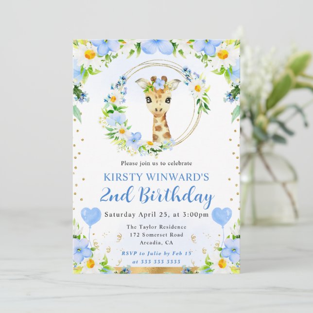 Invitación Cumpleaños infantil jirafa de jungla linda acuarel (Anverso de pie)