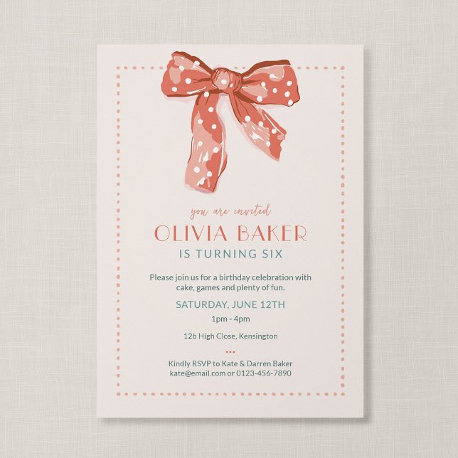 Invitación Cumpleaños infantil lazo Coquette rosa (Heirloom Bow - Coquette themed birthday invitation)
