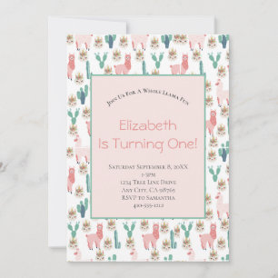 Invitación Cumpleaños infantil Llama Rosa y Cactus Verde Mono
