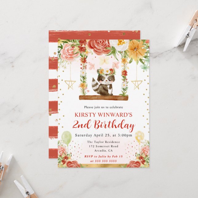 Invitación Cumpleaños infantil Mapache Bosque Acuarela (Anverso/Reverso In Situ)