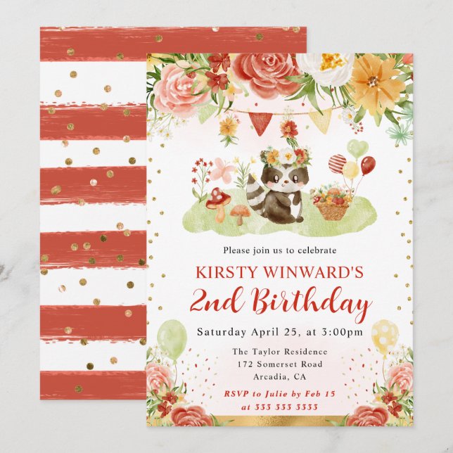 Invitación Cumpleaños infantil Mapache Bosque Acuarela (Anverso / Reverso)
