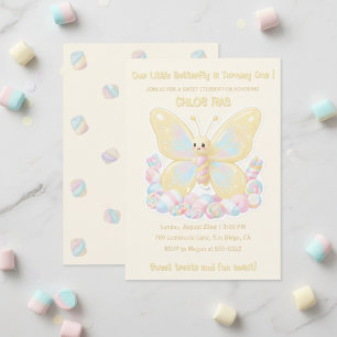 Invitación Cumpleaños infantil Mariposa Crema de Limón Amaril