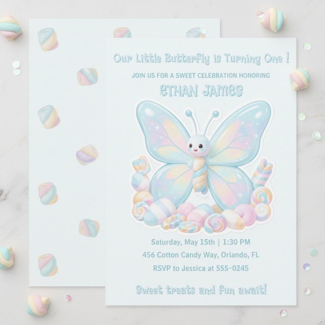 Invitación Cumpleaños infantil Mariposa de Algodón de Azúcar  (Blue Cotton Candy Butterfly Kids Birthday Invitation)