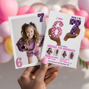 Invitación Cumpleaños infantil meme retro rosa púrpura 6 7
