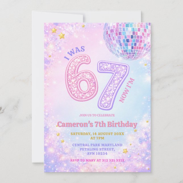 Invitación Cumpleaños infantil Pastel Sparkle Disco Glam 67 (Anverso)