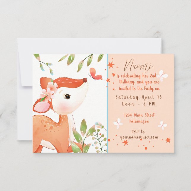 Invitación Cumpleaños infantil personalizado con cervatillo l (Anverso)