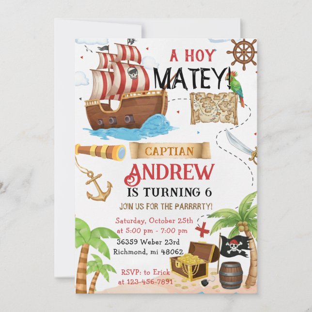 Invitación Cumpleaños infantil pirata personalizado (Anverso)