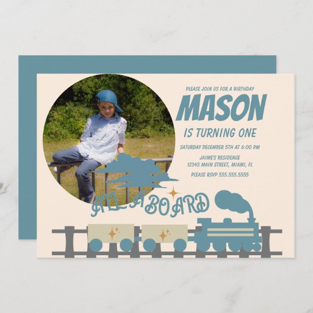 Invitación Cumpleaños infantil Retro Train Kids Foto terrenal (Anverso / Reverso)
