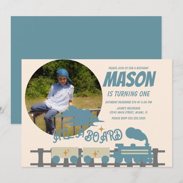 Invitación Cumpleaños infantil Retro Train Kids Tierra  Foto (Anverso / Reverso)