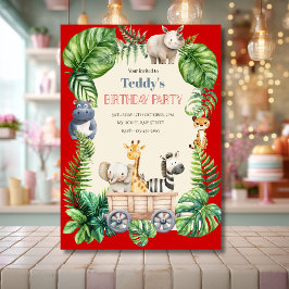Invitación Cumpleaños infantil safari con follaje rojo lindo