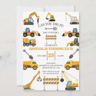 Invitación Cumpleaños infantil simple de construcción moderna
