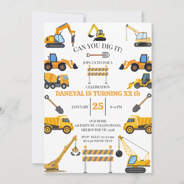 Invitación Cumpleaños infantil simple de construcción moderna (Anverso)