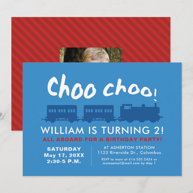 Invitación Cumpleaños infantil tren azul rojo choo choo (Anverso / Reverso)