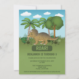 Invitación Cumpleaños infantil Triceratops Dinosaurio Tropica