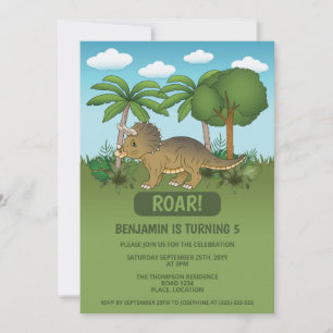 Invitación Cumpleaños infantil Triceratops Dinosaurio Tropica