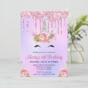 Invitación Cumpleaños Infantil Unicornio Floral Rosa y Platea