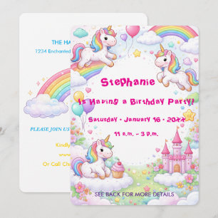 Invitación Cumpleaños infantil Unicornios y Arcoíris Pastel