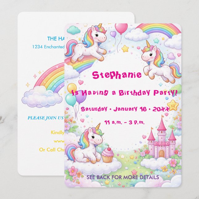Invitación Cumpleaños infantil Unicornios y Arcoíris Pastel (Anverso / Reverso)