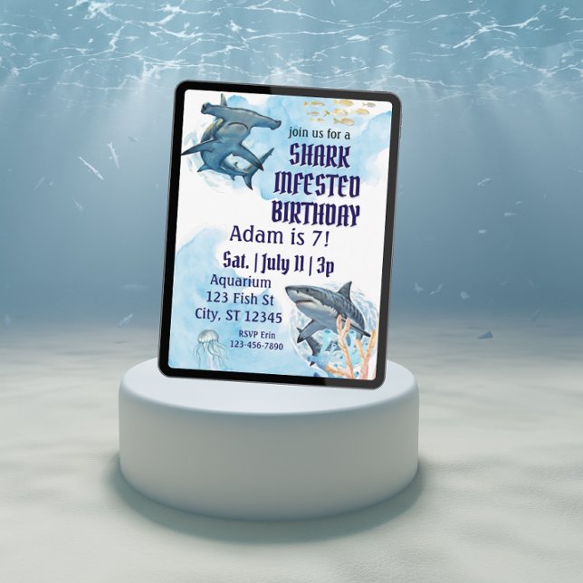Invitación Cumpleaños infestado de tiburones, acuarela realis (Subido por el creador)