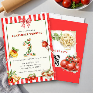 Invitación Cumpleaños Italiano Comida Raya Roja Espaguetis Pr