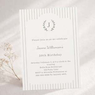 Invitación Cumpleaños Ivory Sage Neutral A rayas Monograma