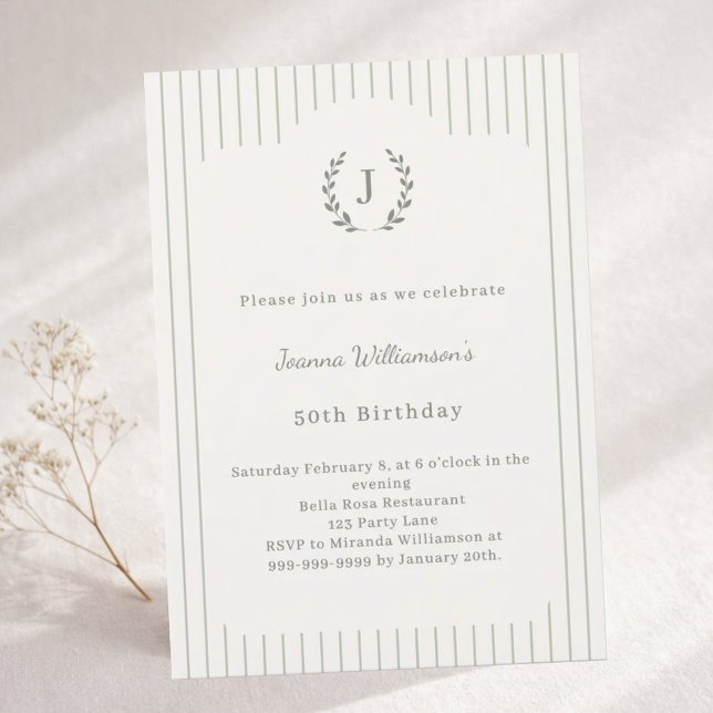 Invitación Cumpleaños Ivory Sage Neutral A rayas Monograma (Subido por el creador)