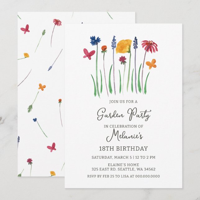 Invitación Cumpleaños Jardín de Flores Silvestres (Anverso / Reverso)