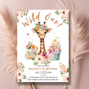 Invitación Cumpleaños jirafa niñas 1er cumpleaños rosa safari