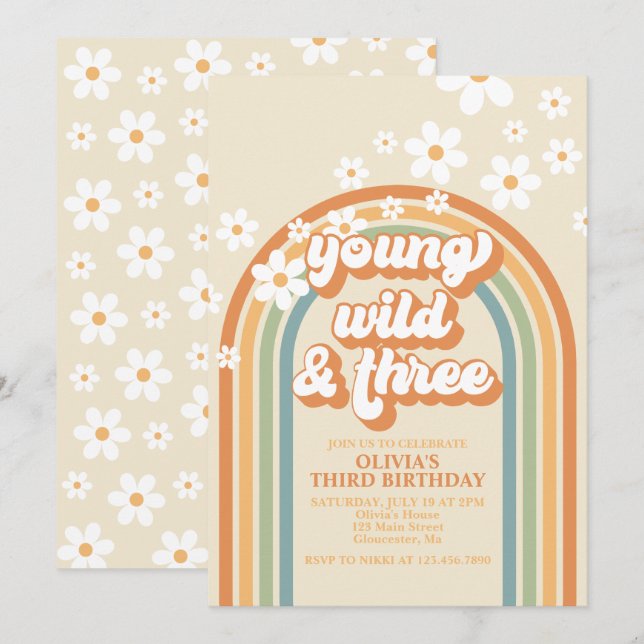 Invitación Cumpleaños Joven Salvaje Tres Arcoíris Retro Daisy (Anverso / Reverso)