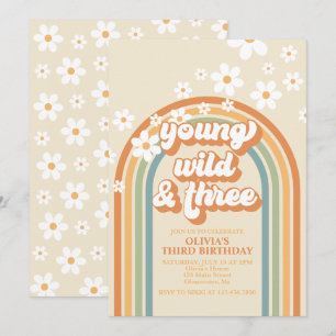 Invitación Cumpleaños Joven Salvaje Tres Arcoíris Retro Daisy