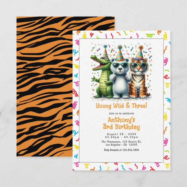 Invitación Cumpleaños "Joven Salvaje y Tres!" 3er Cumpleaños (Anverso / Reverso)