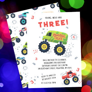 Invitación Cumpleaños joven salvaje y tres de camión monstruo
