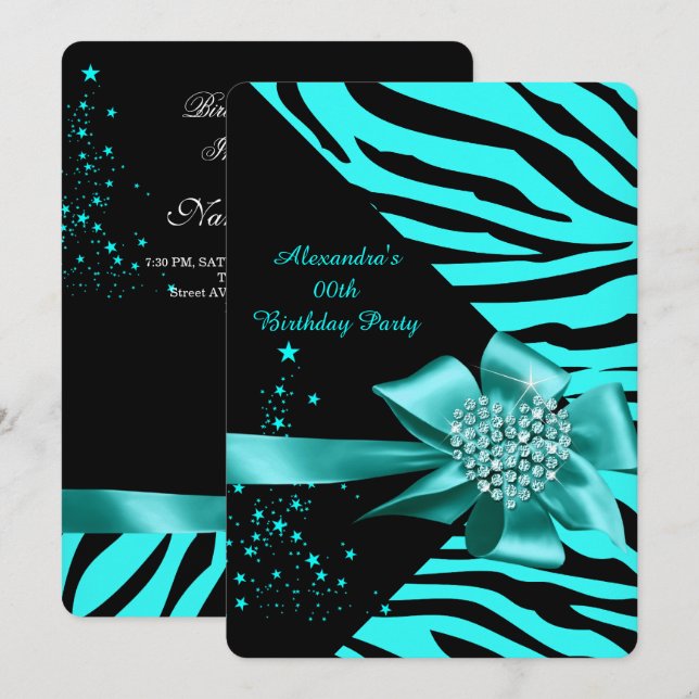 Invitación Cumpleaños joya corazón plateado cebra elegante az (Anverso / Reverso)