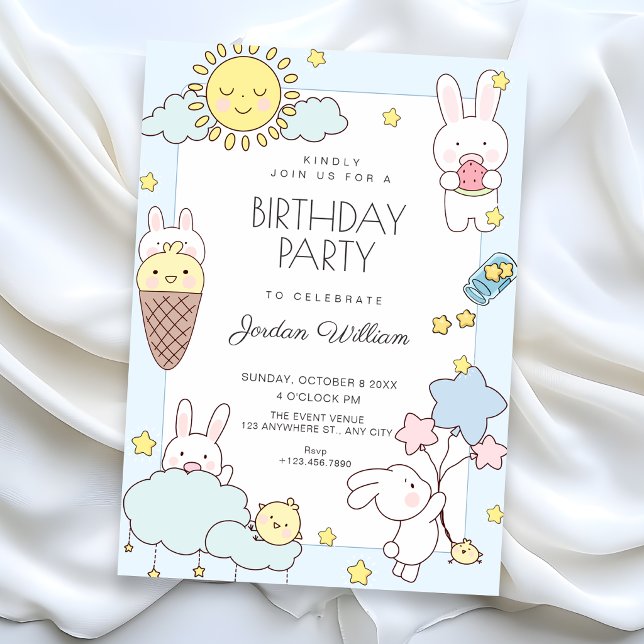 Invitación Cumpleaños juguetón lindo azul (Subido por el creador)