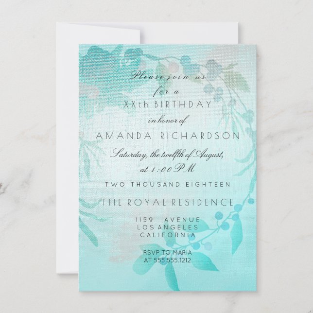 Invitación Cumpleaños Kraft Floral Aqua Melocotón (Anverso)