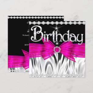 Invitación Cumpleaños  Lazo Rosa Fucsia Negro Plateado Fiesta