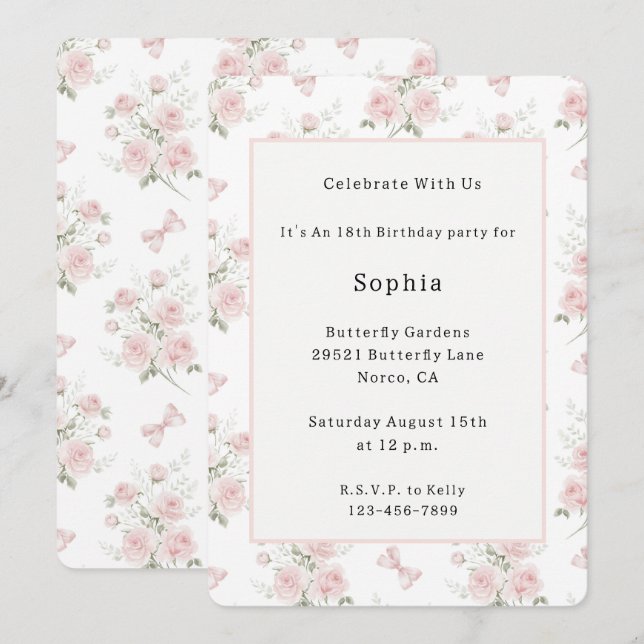 Invitación Cumpleaños lazos de rosas rosadas Pretty Blush (Anverso / Reverso)
