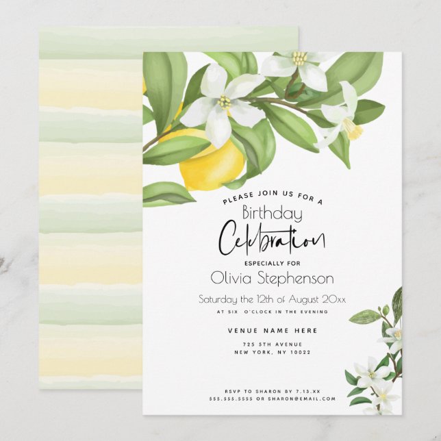 Invitación Cumpleaños | Lemones y flores (Anverso / Reverso)